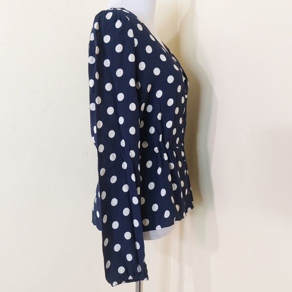 J. Crew Polka Dot Dark Navy Blue Long Sleeve Peplum Button Down Blouse - Picture 4 of 11